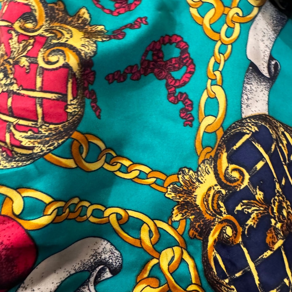VTG Marcogalo Milano Scarf Italy Gold Chain Baroque Print Teal Blue Square